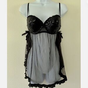 Victoria’s Secret Sexy Little Things Black Sequin Cup Babydoll Gown Bra Top 34D